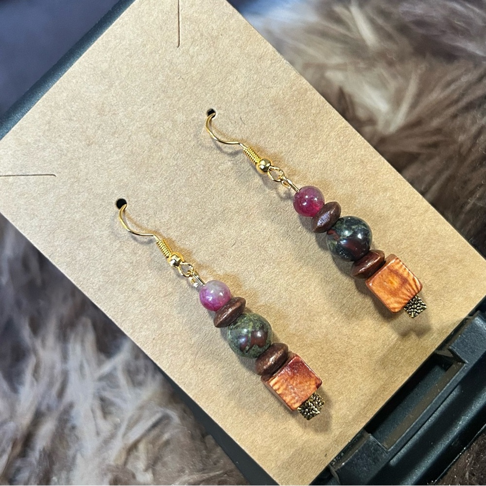 Handcrafted vintage wood bead dragon blood elbaite stone earrings